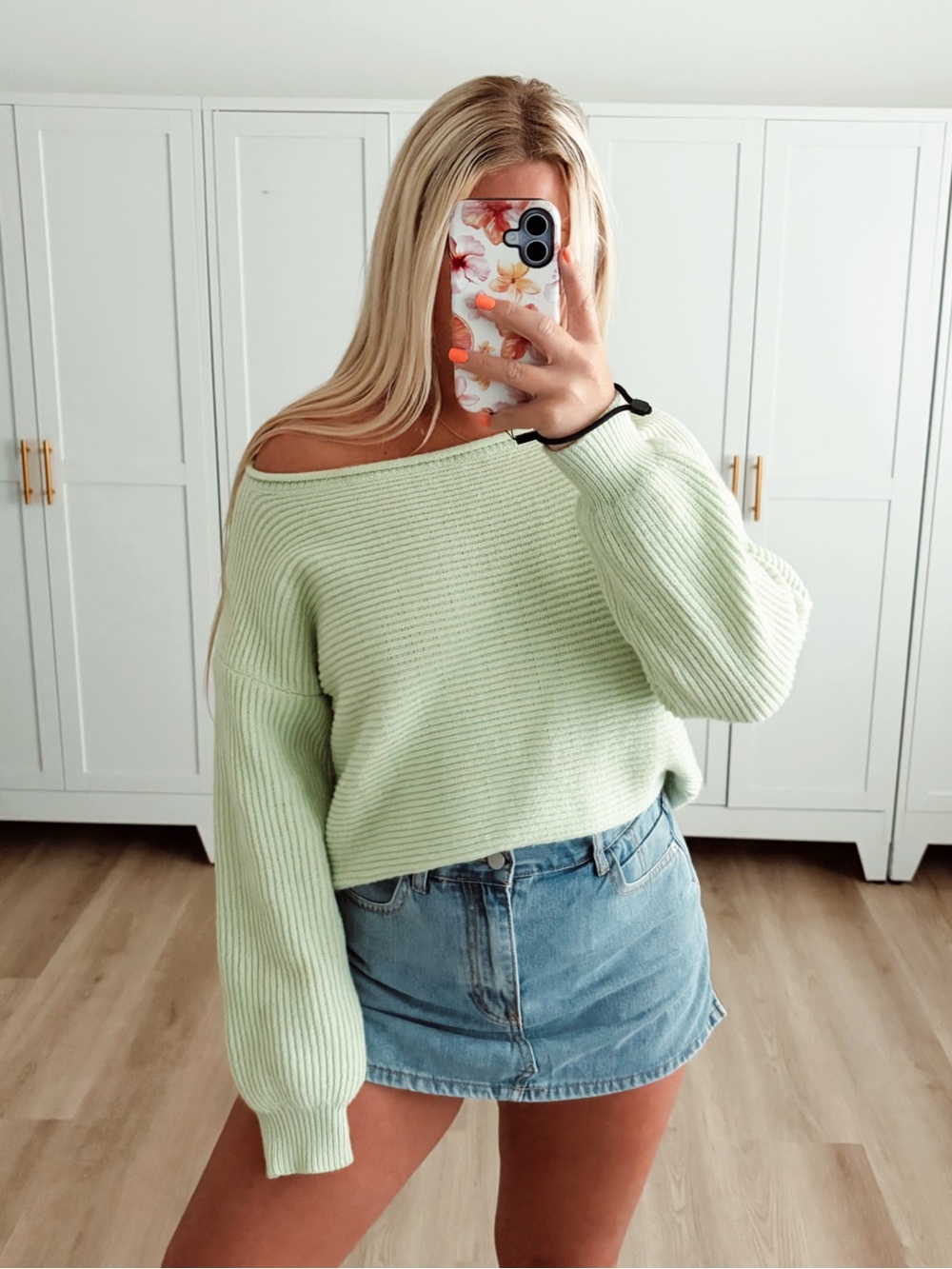 Green off the shoulder knit sweater